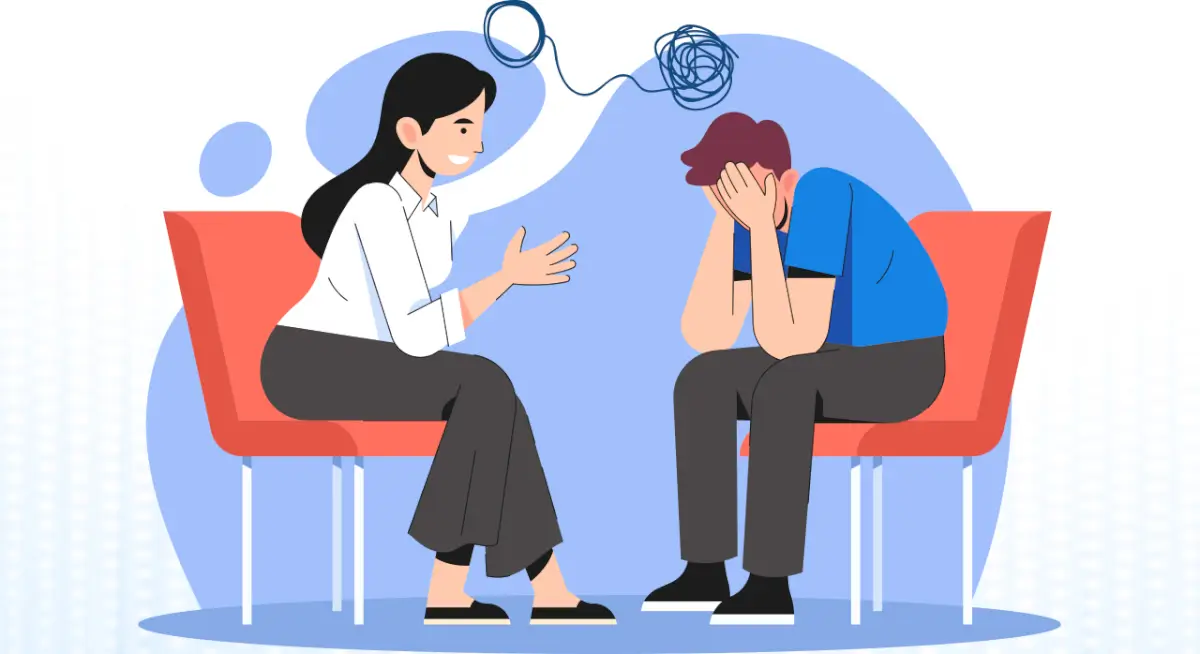 Ilustración de una psicóloga ayudando a un hombre a organizar sus pensamientos durante una sesión de primeros auxilios psicológicos.