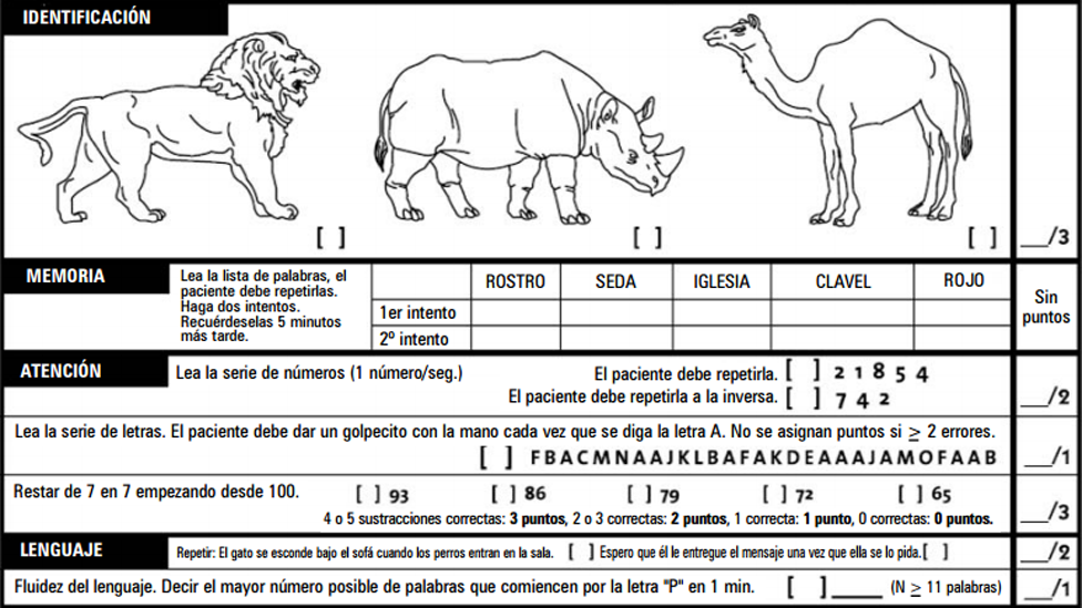 "Protocolo de Evaluación Cognitiva Montreal (MoCA) con secciones de dibujo de reloj, copia de cubo e identificación de animales para detección de deterioro cognitivo."